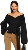 Women's Long Sleeve V Neck Ruffle Blouse Off Shoulder Tie Waist Wrap Tops