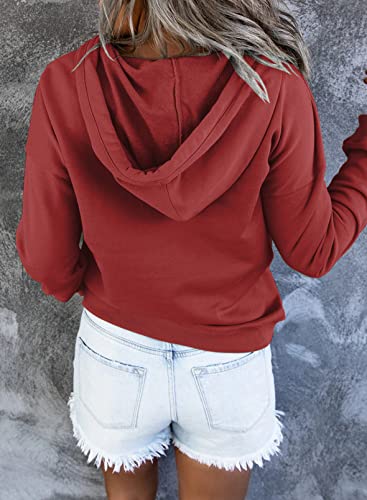 Womens Casual Hoodies Long Sleeve Drawstring Lightweight Solid Hooded Sweatshirt Button Loose Pullover Tops Fall Clothes with Pocket