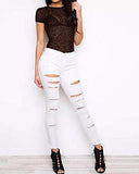 Women's Long Sleeve Short Sleeve Glitter Sheer Mesh Tops T Shirt Blouse Clubwear
