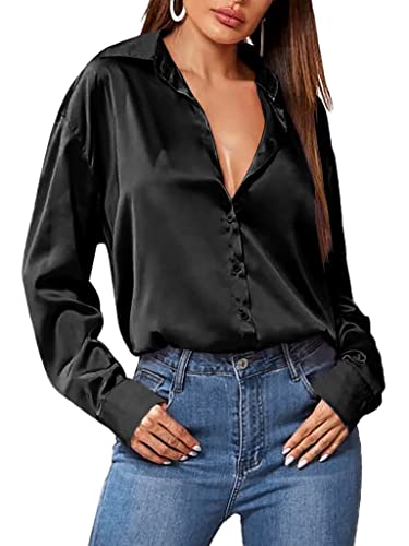 Black Silk Button Up Shirt Women Satin Blouse Casual V-Neck Long Sleeve Business Office Blouses Tops Black S