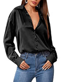 Black Silk Button Up Shirt Women Satin Blouse Casual V-Neck Long Sleeve Business Office Blouses Tops Black S
