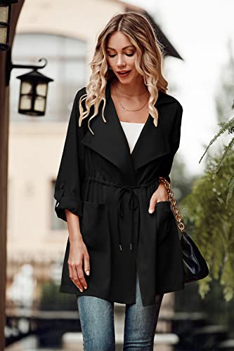 Women's Casual Lightweight Jackets Long Sleeve Drawstring Waist Lapel Trench Coat Outwear with Pockets