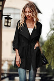 Women's Casual Lightweight Jackets Long Sleeve Drawstring Waist Lapel Trench Coat Outwear with Pockets