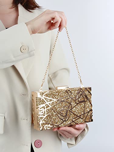 Women Lattice Pattern Metal Handbag Chain Geometric Evening Clutch Purse, Gold
