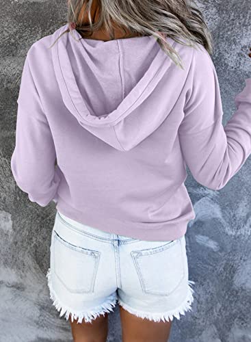 Womens Casual Hoodies Long Sleeve Drawstring Lightweight Solid Hooded Sweatshirt Button Loose Pullover Tops Fall Clothes with Pocket