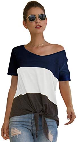 Women's Colorblock Shirt Short Sleeve V Neck Tie Knot Front Tee Loose Blouse Top