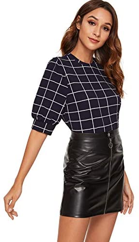 Women's Puff Sleeve Plaid Work Blouse High Neck Office Top
