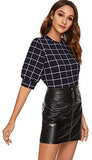 Women's Puff Sleeve Plaid Work Blouse High Neck Office Top