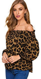 Women's Off Shoulder Long Sleeve Leopard Shirred Frill Top Blouses