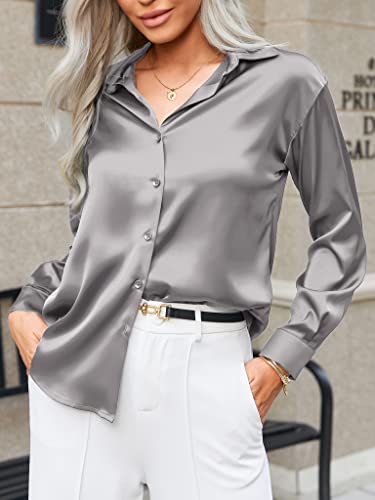 Black Silk Button Up Shirt Women Satin Blouse Casual V-Neck Long Sleeve Business Office Blouses Tops Black S