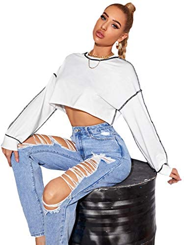 Women's Loose Contrast Stitch Long Sleeve Drop Shoulder Crop Pullover Sweatshirt