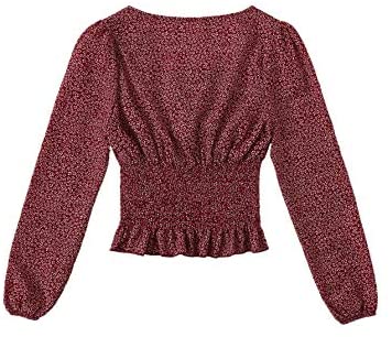 Women's Sexy Frill Ditsy Floral Print Crop Top Square Neck Long Sleeve Shirred Blouse Tops