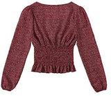 Women's Sexy Frill Ditsy Floral Print Crop Top Square Neck Long Sleeve Shirred Blouse Tops