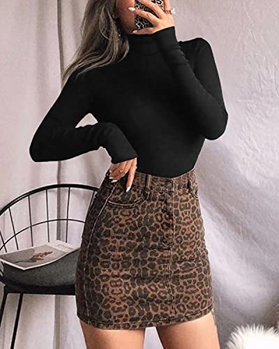 Women's Mock Turtle Neck Long Sleeve Tops Bodysuit Jumpsuit (A Long Sleeve Black)