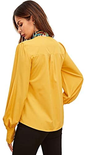 Women's Lantern Long Sleeve Bow Tie Neck Button Up Work Blouses Shirt Top