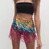 Belly Dance Hip Skirt Tassel Scarf Sequin Wrap Rave Costume for Women (Blue)