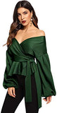 Women's Long Sleeve V Neck Ruffle Blouse Off Shoulder Tie Waist Wrap Tops