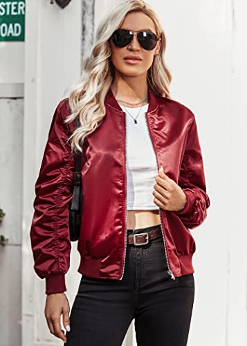 Womens Casual Jackets Long Sleeve Lightweight Fall Satin Bomber Jacket Zip Up Biker Windbreaker Coat with Pockets