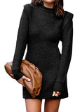 Women Sweater Bodycon Short Dress Long Sleeve Crew Neck Slim Fit Solid Dressy Fall Winter Mini Ribbed Knit Dresses(Solid Dark Coffee, Large)