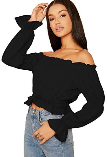Women's Sexy Striped Off Shoulder Long Sleeve Shirt Ruffle Trim Blouses Top