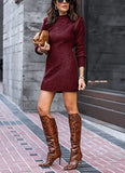 Women Sweater Bodycon Short Dress Long Sleeve Crew Neck Slim Fit Solid Dressy Fall Winter Mini Ribbed Knit Dresses(Solid Dark Coffee, Large)