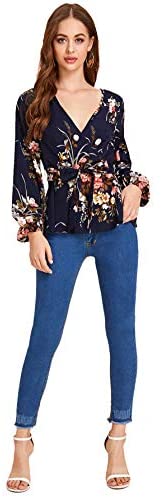 Women's V-Neck Floral Long Sleeve Belted Peplum Wrap Blouse Ruffle Top Shirts