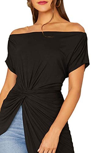 Women's Elegant Asymmetrical Twist Front Off Shoulder Top Plain High Low Blouse