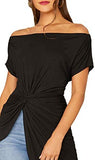 Women's Elegant Asymmetrical Twist Front Off Shoulder Top Plain High Low Blouse