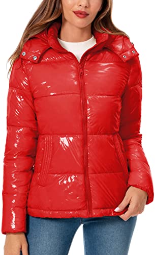 Women's Winter Hooded Shiny Puffer Jacket Casual Warm Quilted Full Zip Short Bubble Padded Coat (as1, alpha, s, regular, regular, Dark Gold, Small)