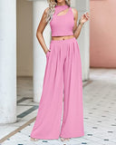 Women 2 Piece Outfits Spring Summer Tracksuits Mock Neck Sleeveless Cutout Crop Top Wide Leg Long Pants Sweatsuits