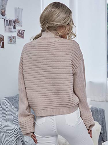 MakeMeChic Women's Solid High Neck Drop Shoulder Textured Pullover Sweater Apricot L