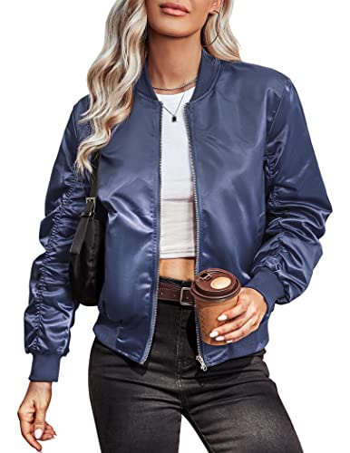 Womens Casual Jackets Long Sleeve Lightweight Fall Satin Bomber Jacket Zip Up Biker Windbreaker Coat with Pockets