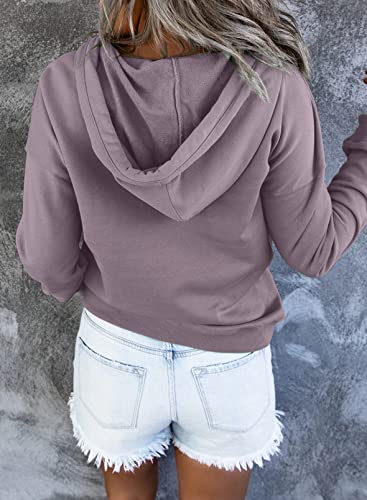 Womens Casual Hoodies Long Sleeve Drawstring Lightweight Solid Hooded Sweatshirt Button Loose Pullover Tops Fall Clothes with Pocket