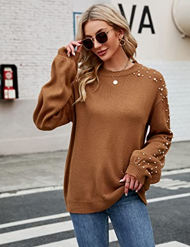 Women's Chunky Sweater Crewneck Sweatshirt Knit Lantern Sleeve Oversized Pullover Sweater with Pearls (Large, Grey)