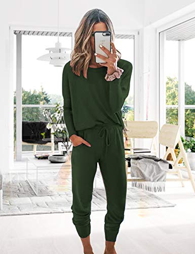 Women's Long Sleeve Loungewear Crewneck Pullover Tops Long Pants Sweatsuits Tracksuits with Pockets Army Green