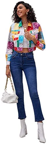 Women's Colorblock Long Sleeve Printed Coat Button Crop Jacket with Pockets