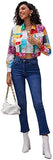 Women's Colorblock Long Sleeve Printed Coat Button Crop Jacket with Pockets