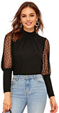 Women's Mesh Sheer Polka Dot Sleeve Blouse Long See Through Top