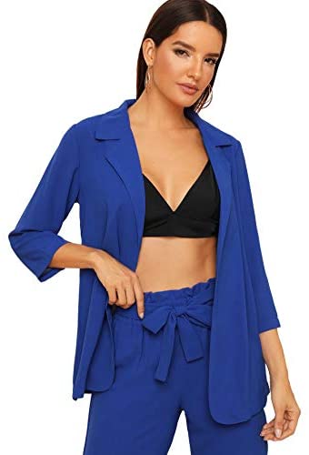 Women's 2 Piece Outfit Notched Neck 3/4 Sleeve Blazer and Wide Leg Belted Pants Set
