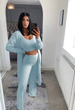 Womens Fuzzy Fleece 3 Piece Pajama Set Tank Crop Tops Pants Open Front Cardigan Lounge Outfit Light Blue S