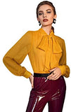 Women's Lantern Long Sleeve Bow Tie Neck Button Up Work Blouses Shirt Top