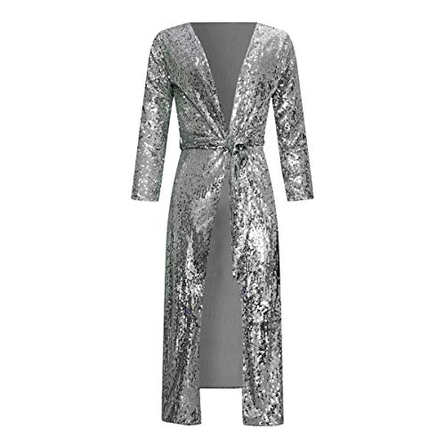 Womens Spring Autumn Sequins Open Front Covers Up Overcoat Long Sleeve See Through Slim Belted Cardigan Coat Windbreaker Jacket Party Club Dress Silver(Order one or Two Size Up )