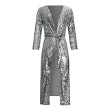 Womens Spring Autumn Sequins Open Front Covers Up Overcoat Long Sleeve See Through Slim Belted Cardigan Coat Windbreaker Jacket Party Club Dress Silver(Order one or Two Size Up )