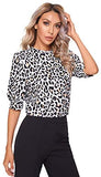 Women's Puff Sleeve Leopard Print Work Blouse Casual Hight Neck Top Leopard