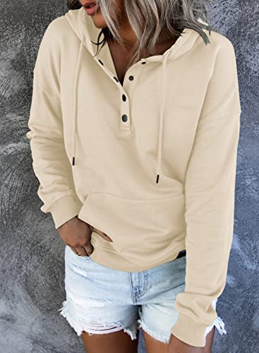 Womens Casual Hoodies Long Sleeve Drawstring Lightweight Solid Hooded Sweatshirt Button Loose Pullover Tops Fall Clothes with Pocket