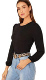 Women's Casual Round Neck Blouse Top Puff Sleeve Solid T Shirt Black