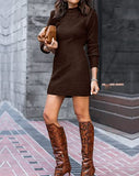 Women Sweater Bodycon Short Dress Long Sleeve Crew Neck Slim Fit Solid Dressy Fall Winter Mini Ribbed Knit Dresses(Solid Dark Coffee, Large)