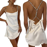 Women Girls Backless Sequin Dresses Spaghetti Strap Deep V-Neck A-line Short Dress Sparkly Party Clubwear