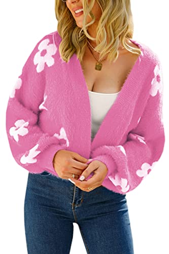 Women's Cardigan Sweaters - Floral Knit Open Front Crop Cardigans Long Sleeve Sweater Outwear Tops Orange L