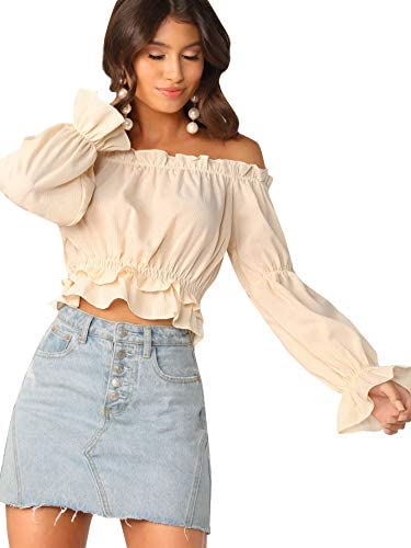Women's Sexy Striped Off Shoulder Long Sleeve Shirt Ruffle Trim Blouses Top